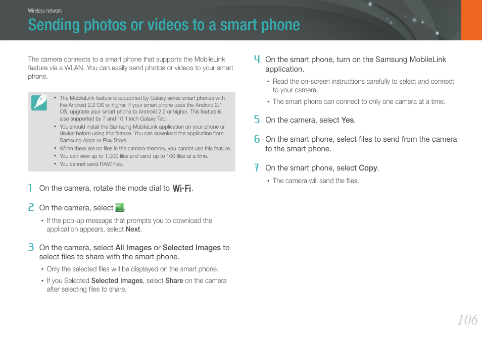 Sending photos or videos to a smart phone | Samsung EV-NX210ZBSBUS User Manual | Page 107 / 183