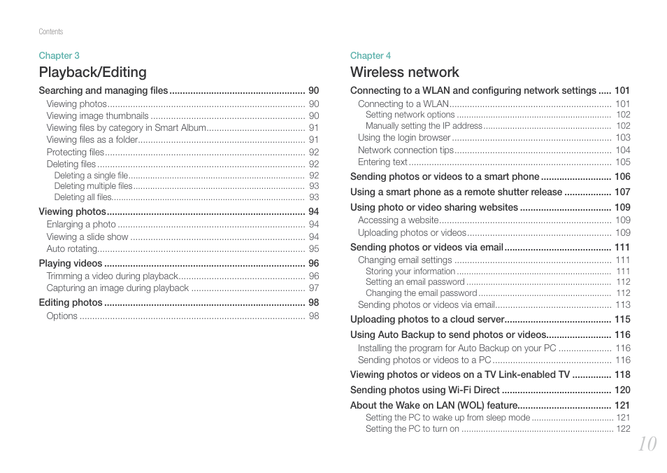 Playback/editing, Wireless network | Samsung EV-NX210ZBSBUS User Manual | Page 11 / 183