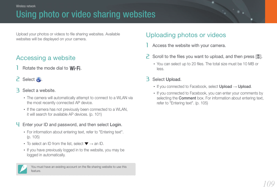 Using photo or video sharing websites, Accessing a website, Uploading photos or videos | Accessing a website uploading photos or videos | Samsung EV-NX210ZBSBUS User Manual | Page 110 / 183