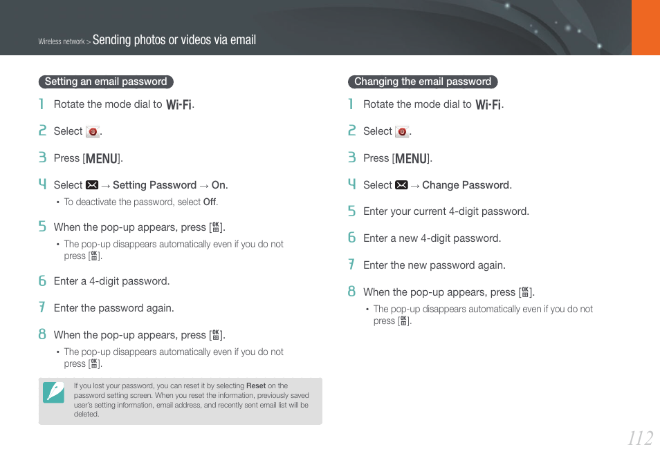 Setting an email password, Changing the email password | Samsung EV-NX210ZBSBUS User Manual | Page 113 / 183