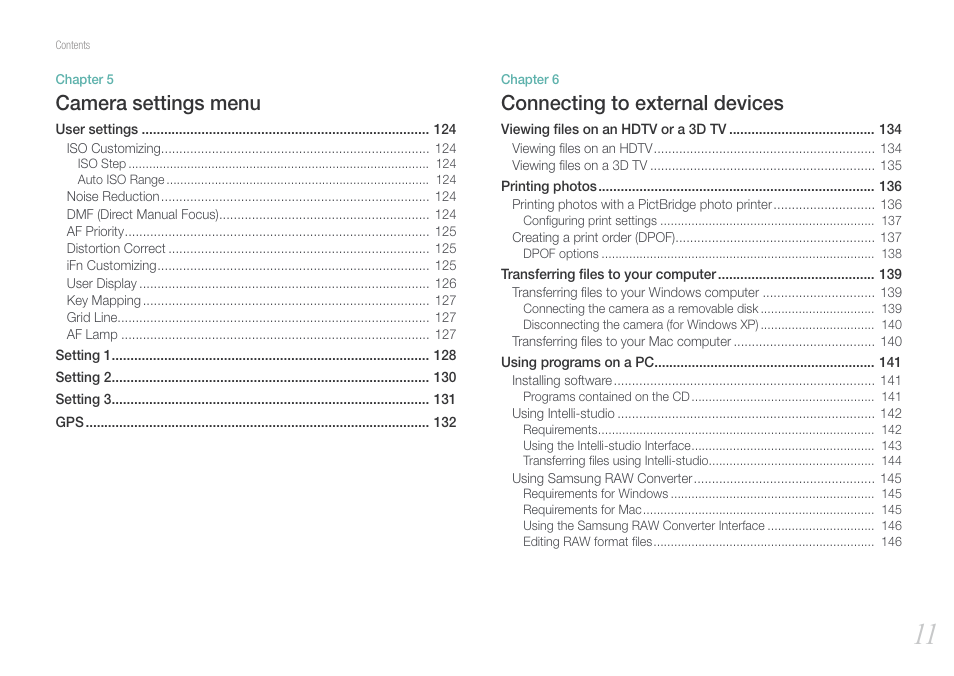 Connecting to external devices, Camera settings menu | Samsung EV-NX210ZBSBUS User Manual | Page 12 / 183