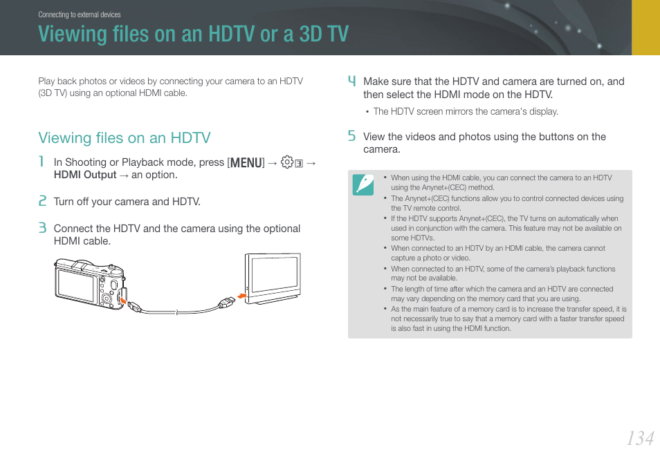 Viewing files on an hdtv or a 3d tv, Viewing files on an hdtv, Viewing ﬁles on an hdtv or a 3d tv | Viewing ﬁles on an hdtv | Samsung EV-NX210ZBSBUS User Manual | Page 135 / 183