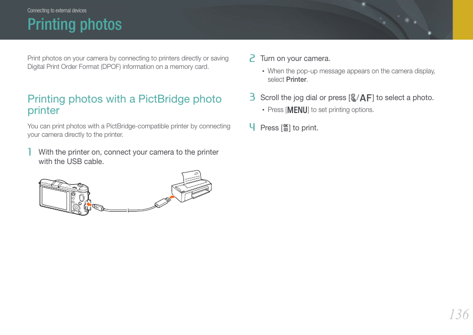 Printing photos, Printing photos with a pictbridge photo printer | Samsung EV-NX210ZBSBUS User Manual | Page 137 / 183