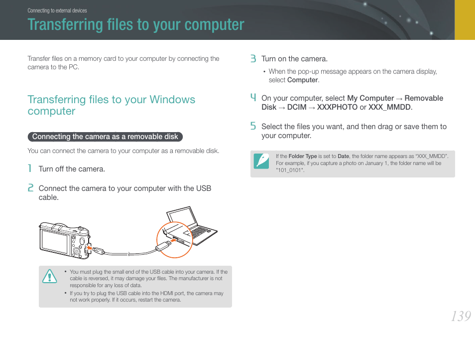 Transferring files to your computer, Transferring files to your windows computer, Connecting the camera as a removable disk | Transferring ﬁles to your computer, Transferring ﬁles to your windows computer | Samsung EV-NX210ZBSBUS User Manual | Page 140 / 183