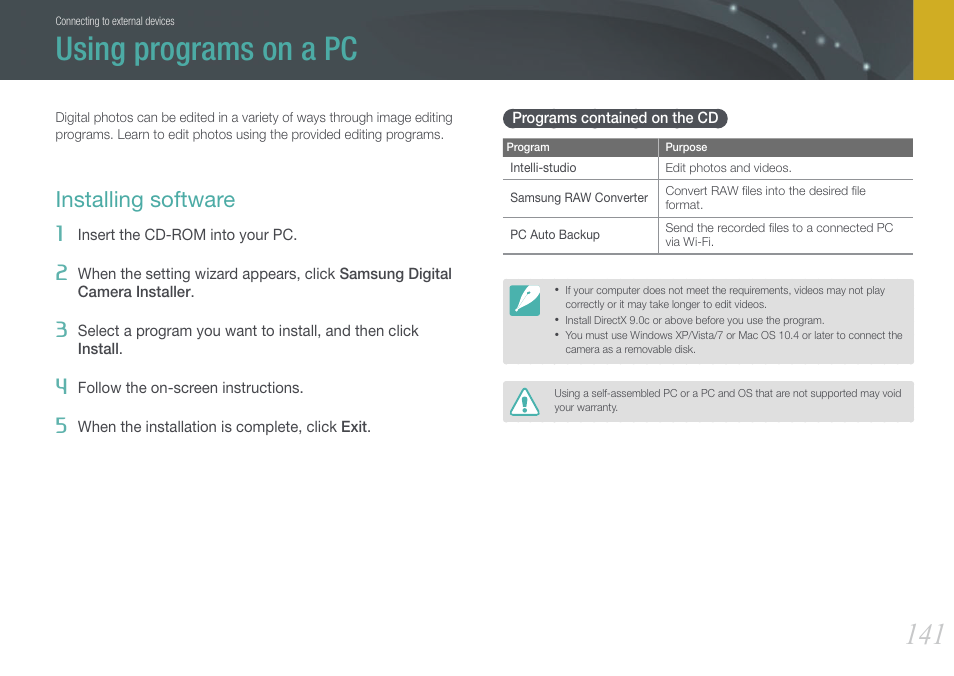 Using programs on a pc, Installing software, Programs contained on the cd | Samsung EV-NX210ZBSBUS User Manual | Page 142 / 183