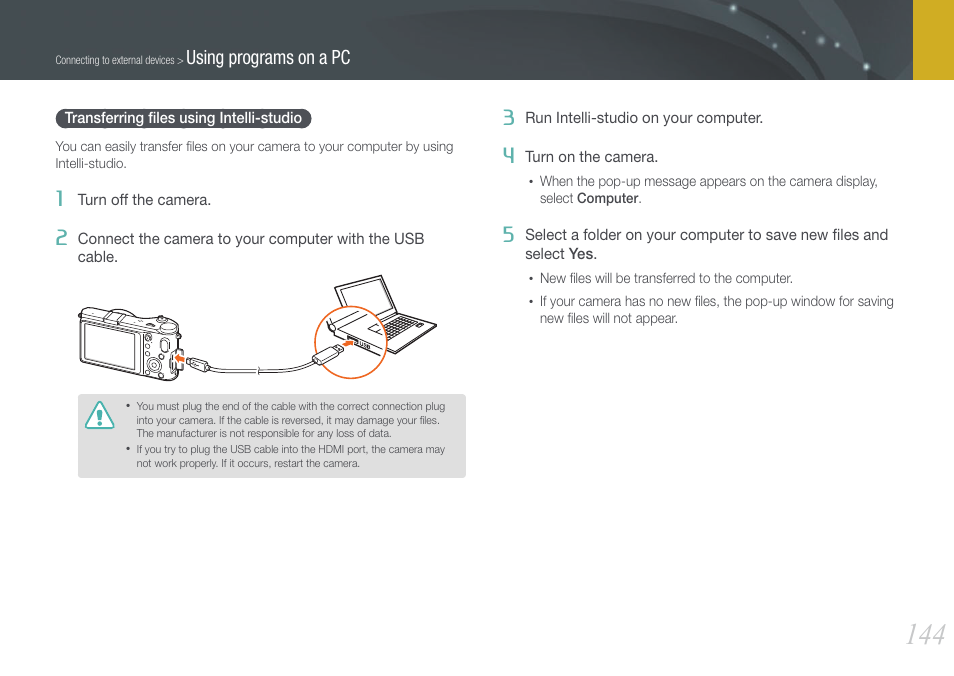 Transferring files using intelli-studio, Transferring ﬁles using intelli-studio, Using programs on a pc | Samsung EV-NX210ZBSBUS User Manual | Page 145 / 183