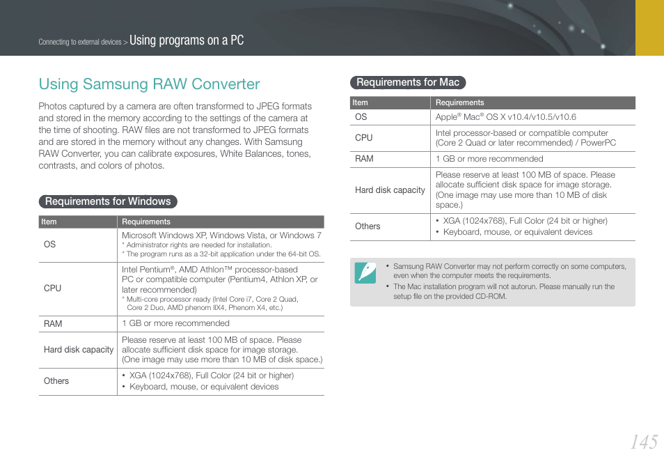 Using samsung raw converter, Requirements for windows, Requirements for mac | Requirements for windows requirements for mac, Using programs on a pc | Samsung EV-NX210ZBSBUS User Manual | Page 146 / 183