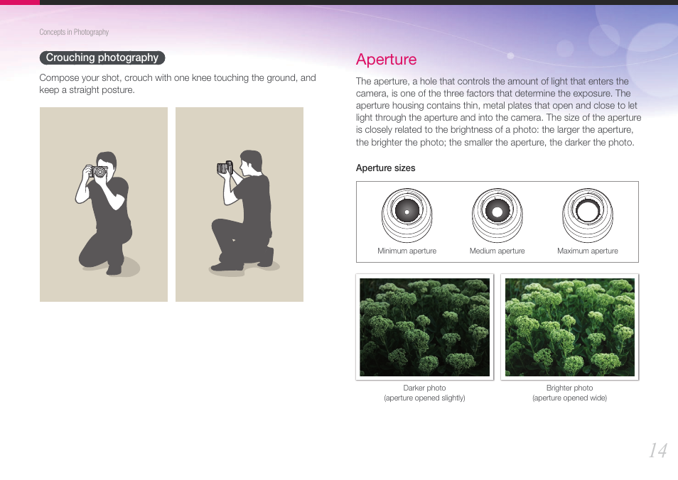 Crouching photography, Aperture | Samsung EV-NX210ZBSBUS User Manual | Page 15 / 183