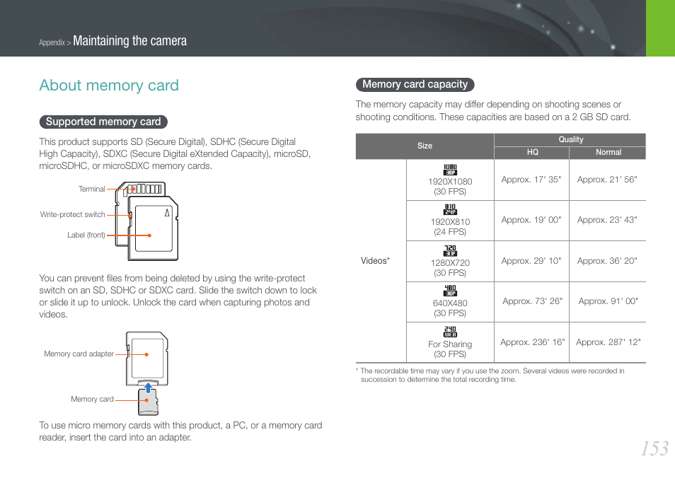 About memory card, Supported memory card, Memory card capacity | Supported memory card memory card capacity, Maintaining the camera | Samsung EV-NX210ZBSBUS User Manual | Page 154 / 183