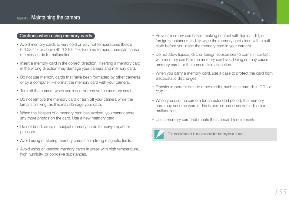 Cautions when using memory cards, Maintaining the camera | Samsung EV-NX210ZBSBUS User Manual | Page 156 / 183