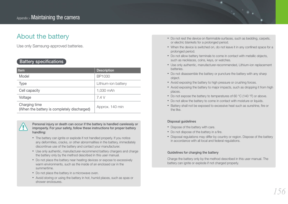 About the battery, Battery specifications, Battery speciﬁcations | Maintaining the camera | Samsung EV-NX210ZBSBUS User Manual | Page 157 / 183