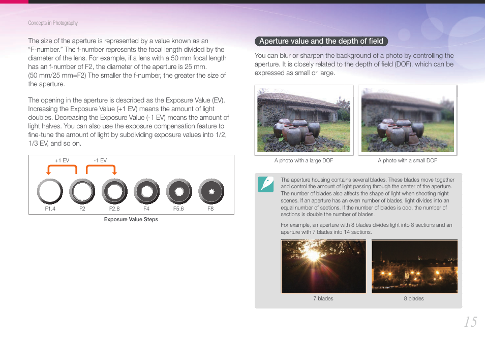 Aperture value and the depth of field, Aperture value and the depth of ﬁeld | Samsung EV-NX210ZBSBUS User Manual | Page 16 / 183