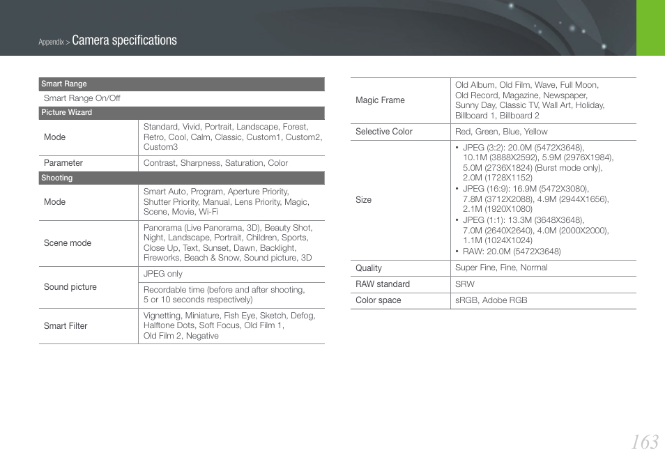 Camera speciﬁcations | Samsung EV-NX210ZBSBUS User Manual | Page 164 / 183