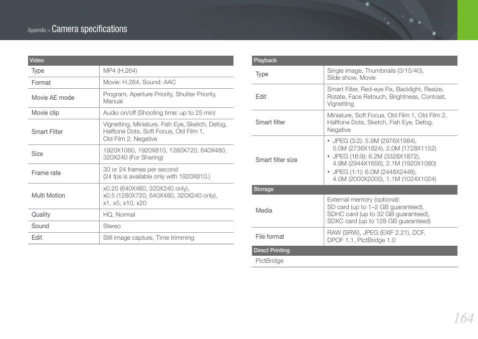 Camera speciﬁcations | Samsung EV-NX210ZBSBUS User Manual | Page 165 / 183