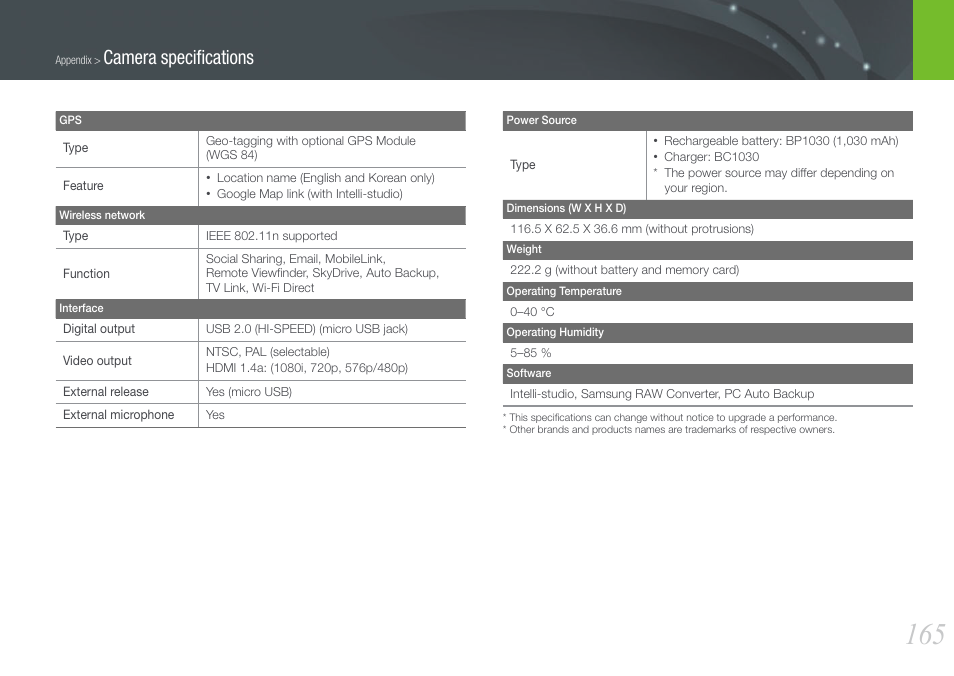 Camera speciﬁcations | Samsung EV-NX210ZBSBUS User Manual | Page 166 / 183