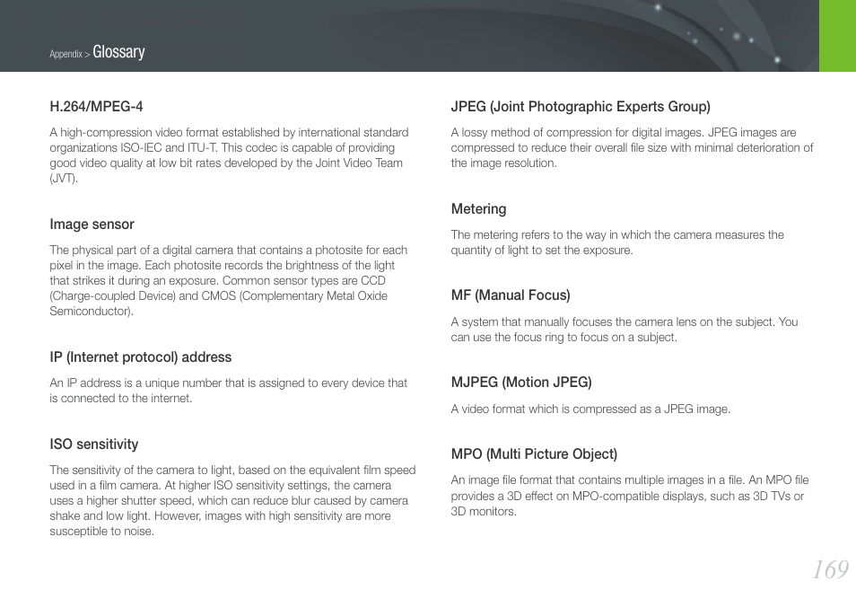 Glossary | Samsung EV-NX210ZBSBUS User Manual | Page 170 / 183