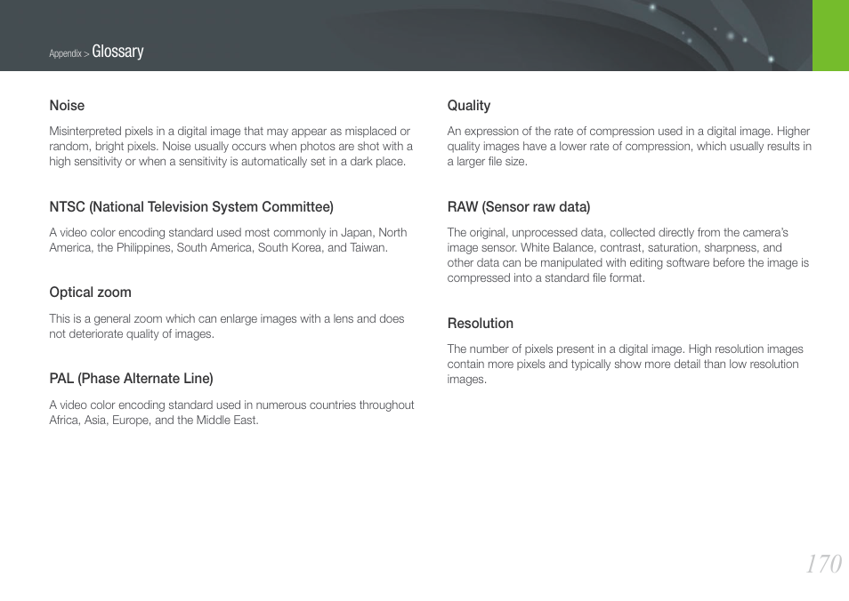 Glossary | Samsung EV-NX210ZBSBUS User Manual | Page 171 / 183