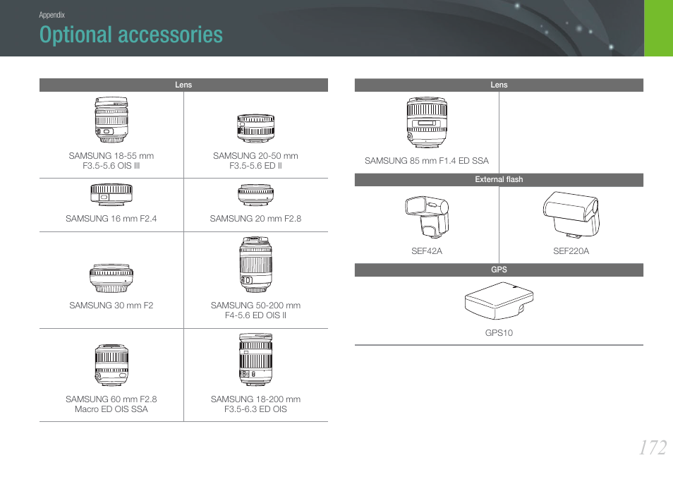 Optional accessories | Samsung EV-NX210ZBSBUS User Manual | Page 173 / 183