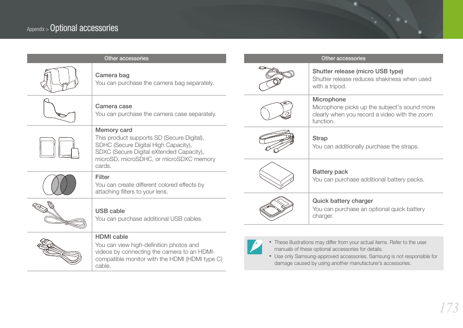 Optional accessories | Samsung EV-NX210ZBSBUS User Manual | Page 174 / 183
