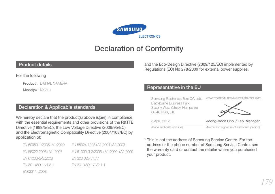 Declaration of conformity | Samsung EV-NX210ZBSBUS User Manual | Page 180 / 183