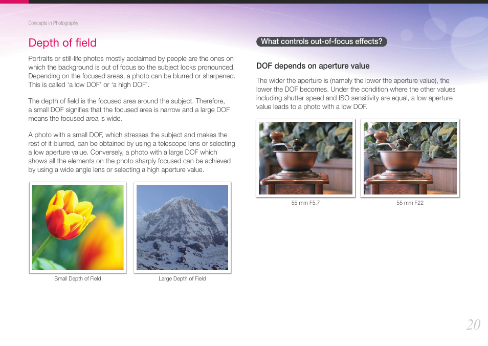 Depth of field, What controls out-of-focus effects, Depth of ﬁeld | Samsung EV-NX210ZBSBUS User Manual | Page 21 / 183