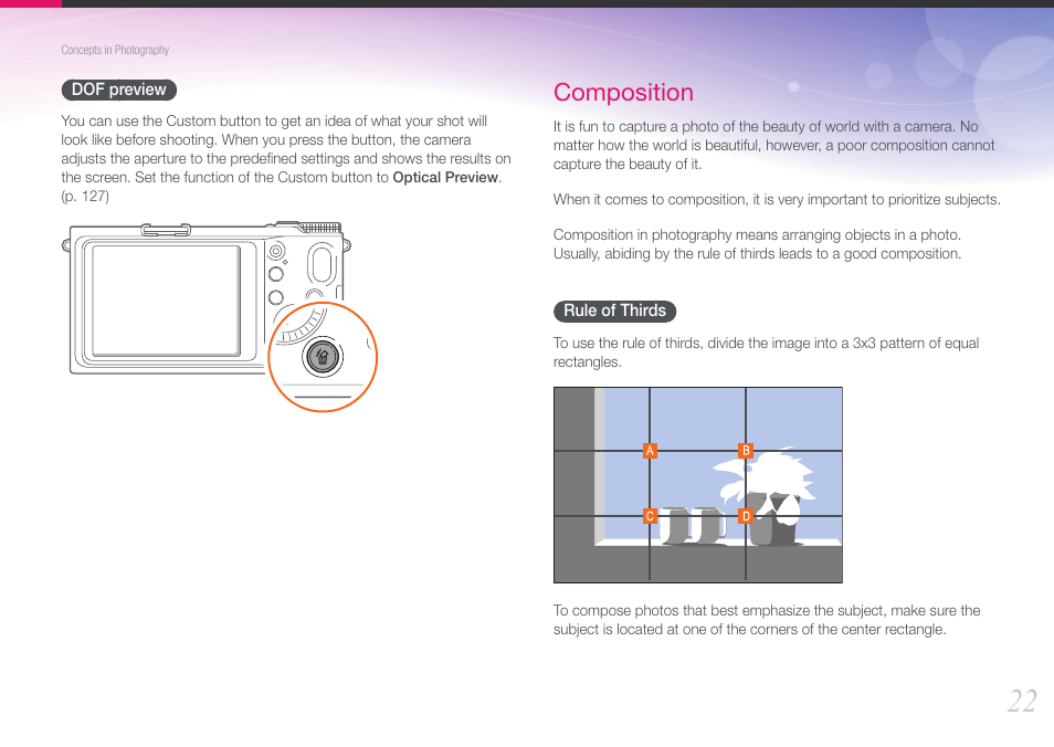 Dof preview, Composition, Rule of thirds | Samsung EV-NX210ZBSBUS User Manual | Page 23 / 183