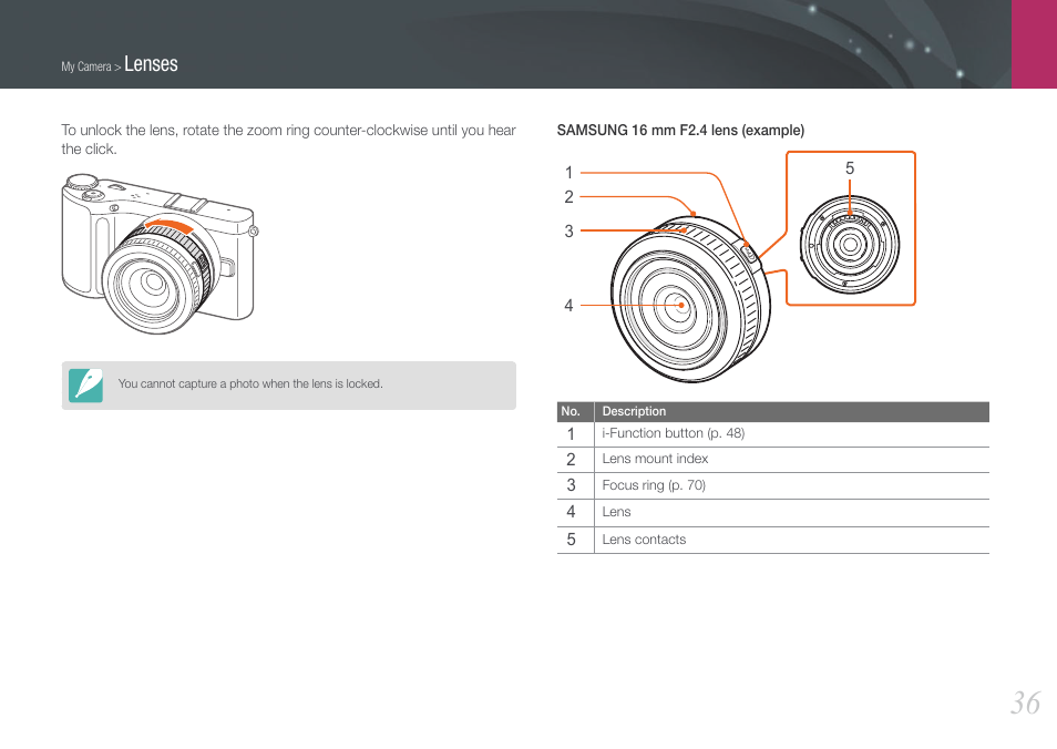 Lenses | Samsung EV-NX210ZBSBUS User Manual | Page 37 / 183