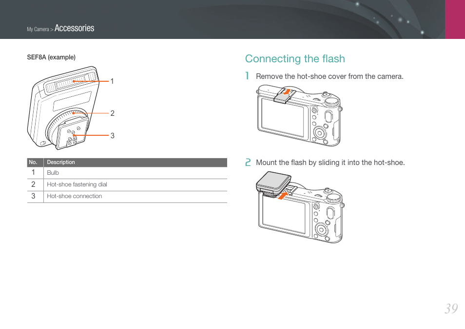 Connecting the flash, Connecting the ﬂash | Samsung EV-NX210ZBSBUS User Manual | Page 40 / 183