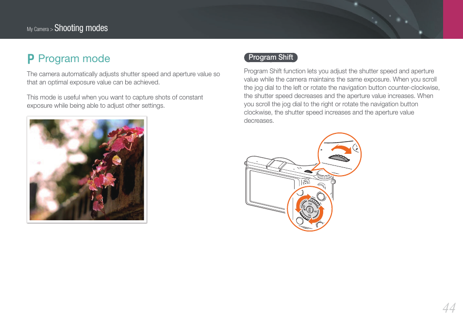 Program mode, Program shift, P program mode | Samsung EV-NX210ZBSBUS User Manual | Page 45 / 183