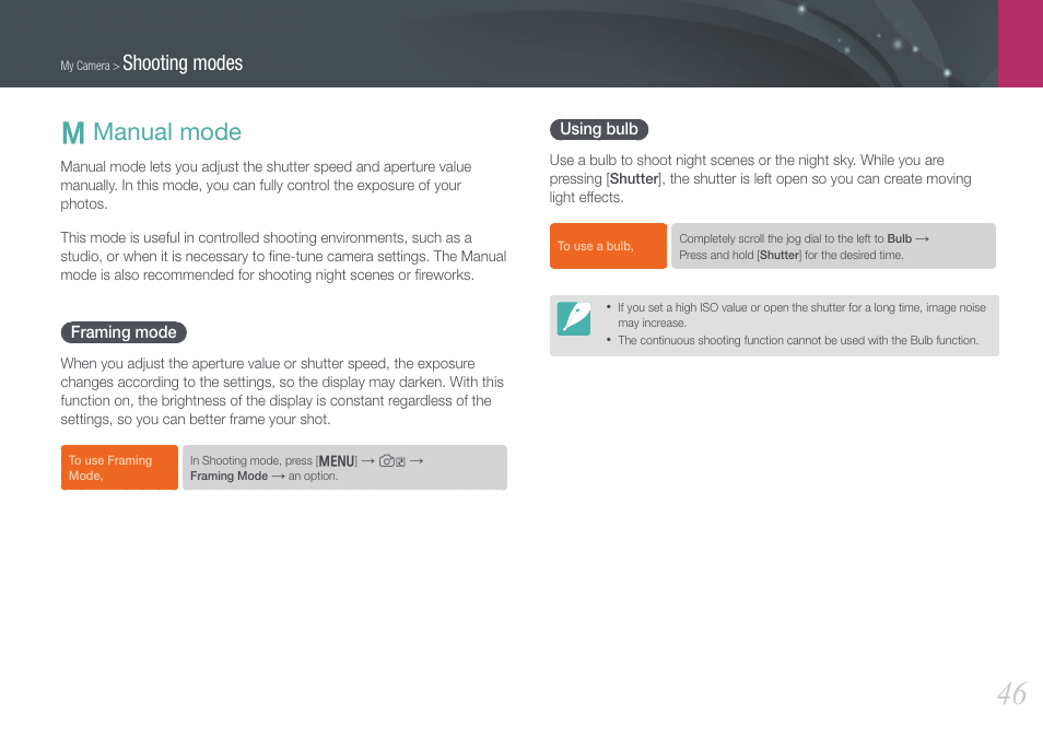 Manual mode, Framing mode, Using bulb | M manual mode, Framing mode using bulb, Shooting modes | Samsung EV-NX210ZBSBUS User Manual | Page 47 / 183