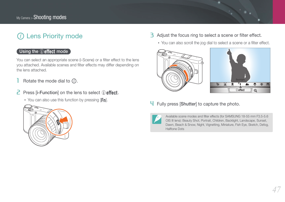 Lens priority mode, Using the i-effect mode, I lens priority mode | Using the, E mode, Shooting modes | Samsung EV-NX210ZBSBUS User Manual | Page 48 / 183