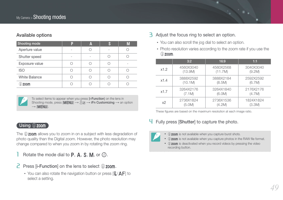 Using i-zoom, Using, Shooting modes | Samsung EV-NX210ZBSBUS User Manual | Page 50 / 183