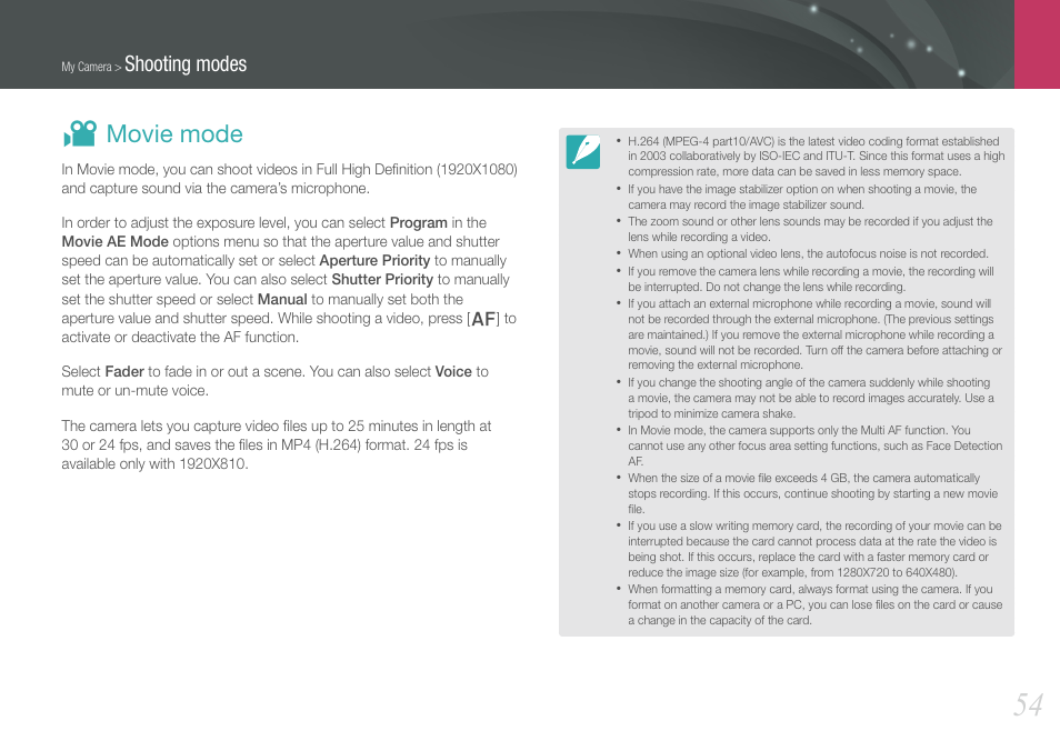 Movie mode, V movie mode, Shooting modes | Samsung EV-NX210ZBSBUS User Manual | Page 55 / 183