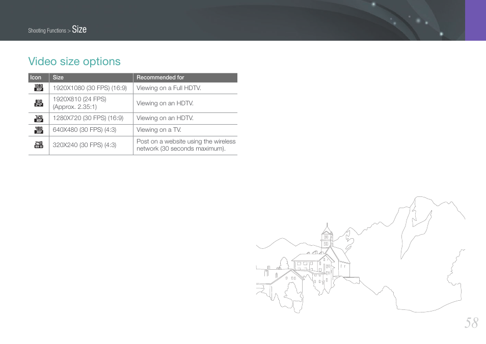 Video size options, Size | Samsung EV-NX210ZBSBUS User Manual | Page 59 / 183