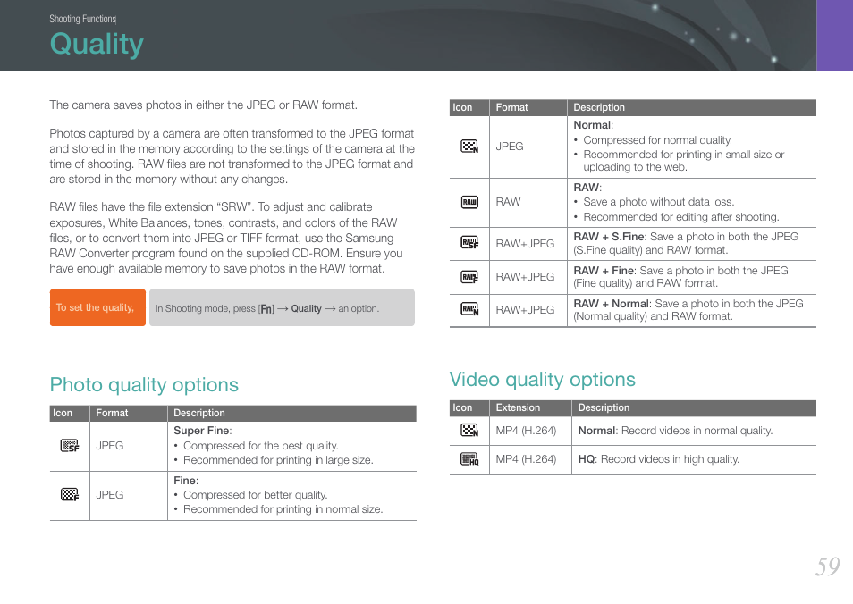 Quality, Photo quality options, Video quality options | Photo quality options video quality options | Samsung EV-NX210ZBSBUS User Manual | Page 60 / 183