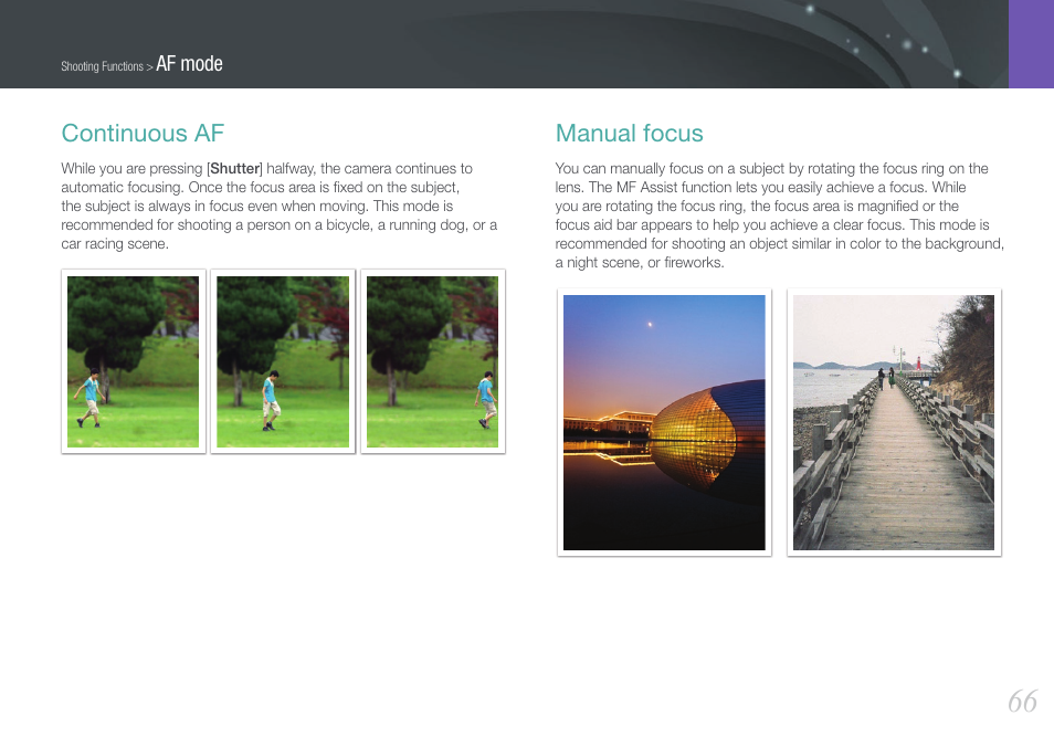 Continuous af, Manual focus, Continuous af manual focus | Samsung EV-NX210ZBSBUS User Manual | Page 67 / 183