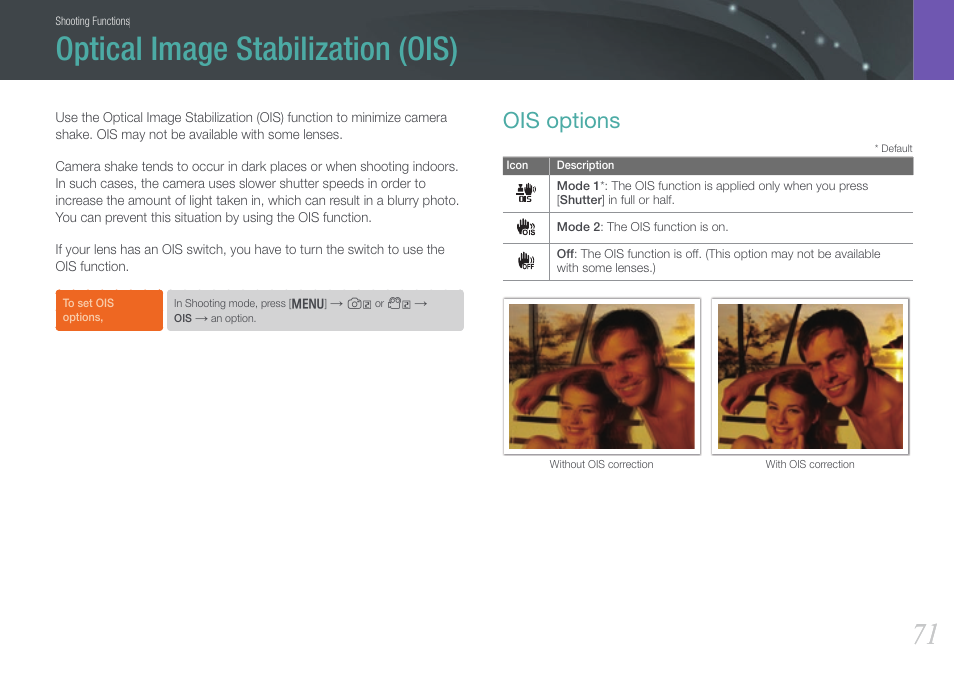 Optical image stabilization (ois), Ois options | Samsung EV-NX210ZBSBUS User Manual | Page 72 / 183