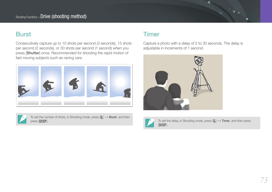 Burst, Timer, Burst timer | Drive (shooting method) | Samsung EV-NX210ZBSBUS User Manual | Page 74 / 183