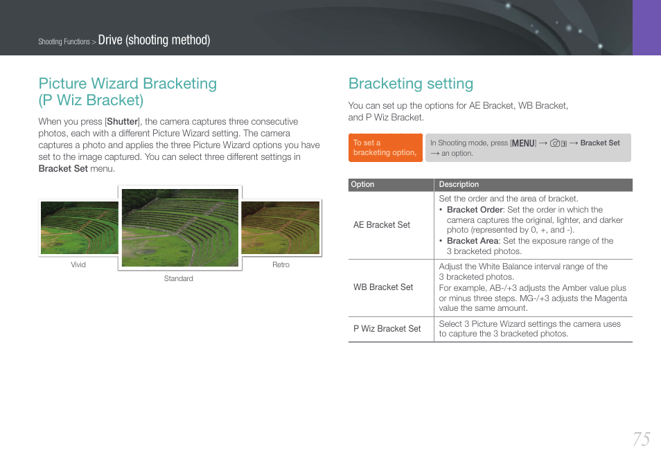 Picture wizard bracketing (p wiz bracket), Bracketing setting, Drive (shooting method) | Samsung EV-NX210ZBSBUS User Manual | Page 76 / 183