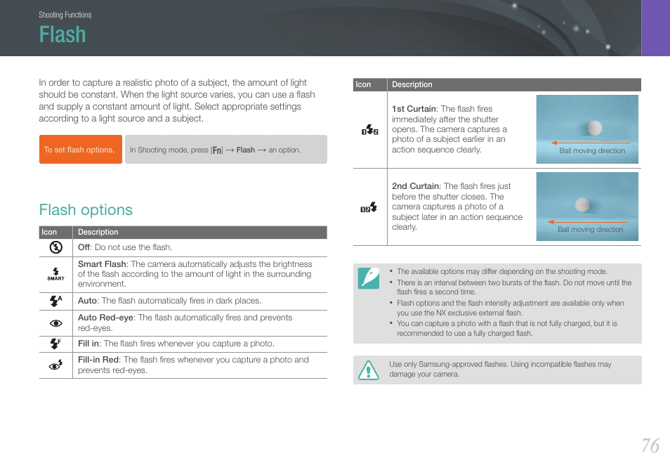 Flash, Flash options | Samsung EV-NX210ZBSBUS User Manual | Page 77 / 183