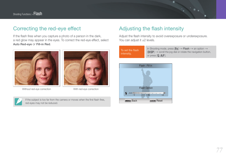 Correcting the red-eye effect, Adjusting the flash intensity, Adjusting the ﬂash intensity | Flash | Samsung EV-NX210ZBSBUS User Manual | Page 78 / 183