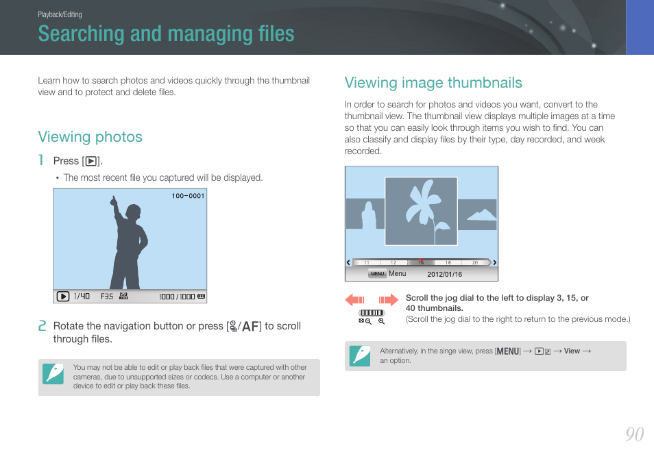 Searching and managing files, Viewing photos, Viewing image thumbnails | Searching and managing ﬁles, Viewing photos viewing image thumbnails | Samsung EV-NX210ZBSBUS User Manual | Page 91 / 183