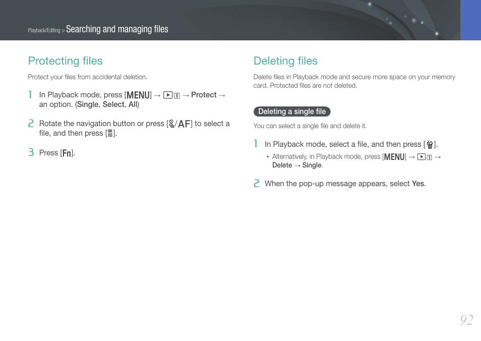 Protecting files, Deleting files, Deleting a single file | Protecting ﬁles deleting ﬁles, Deleting a single ﬁle, Protecting ﬁles, Deleting ﬁles, Searching and managing ﬁles | Samsung EV-NX210ZBSBUS User Manual | Page 93 / 183