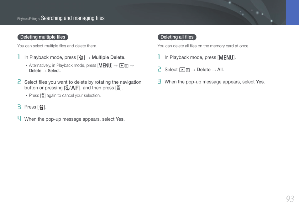 Deleting multiple files, Deleting all files, Deleting multiple ﬁles deleting all ﬁles | Searching and managing ﬁles | Samsung EV-NX210ZBSBUS User Manual | Page 94 / 183