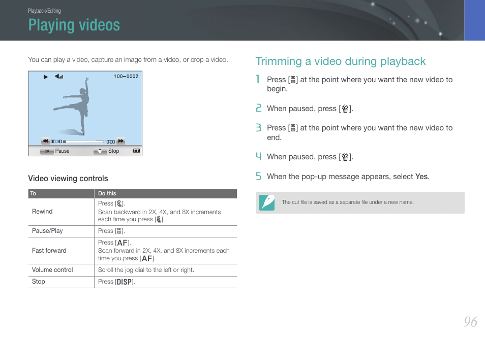 Playing videos, Trimming a video during playback | Samsung EV-NX210ZBSBUS User Manual | Page 97 / 183