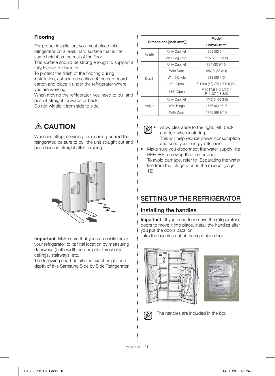 Caution, Setting up the refrigerator, Installing the handles | Flooring | Samsung RS25H5000WW-AA User Manual | Page 10 / 96