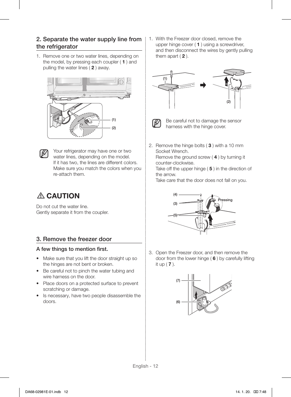 Caution, Remove the freezer door | Samsung RS25H5000WW-AA User Manual | Page 12 / 96