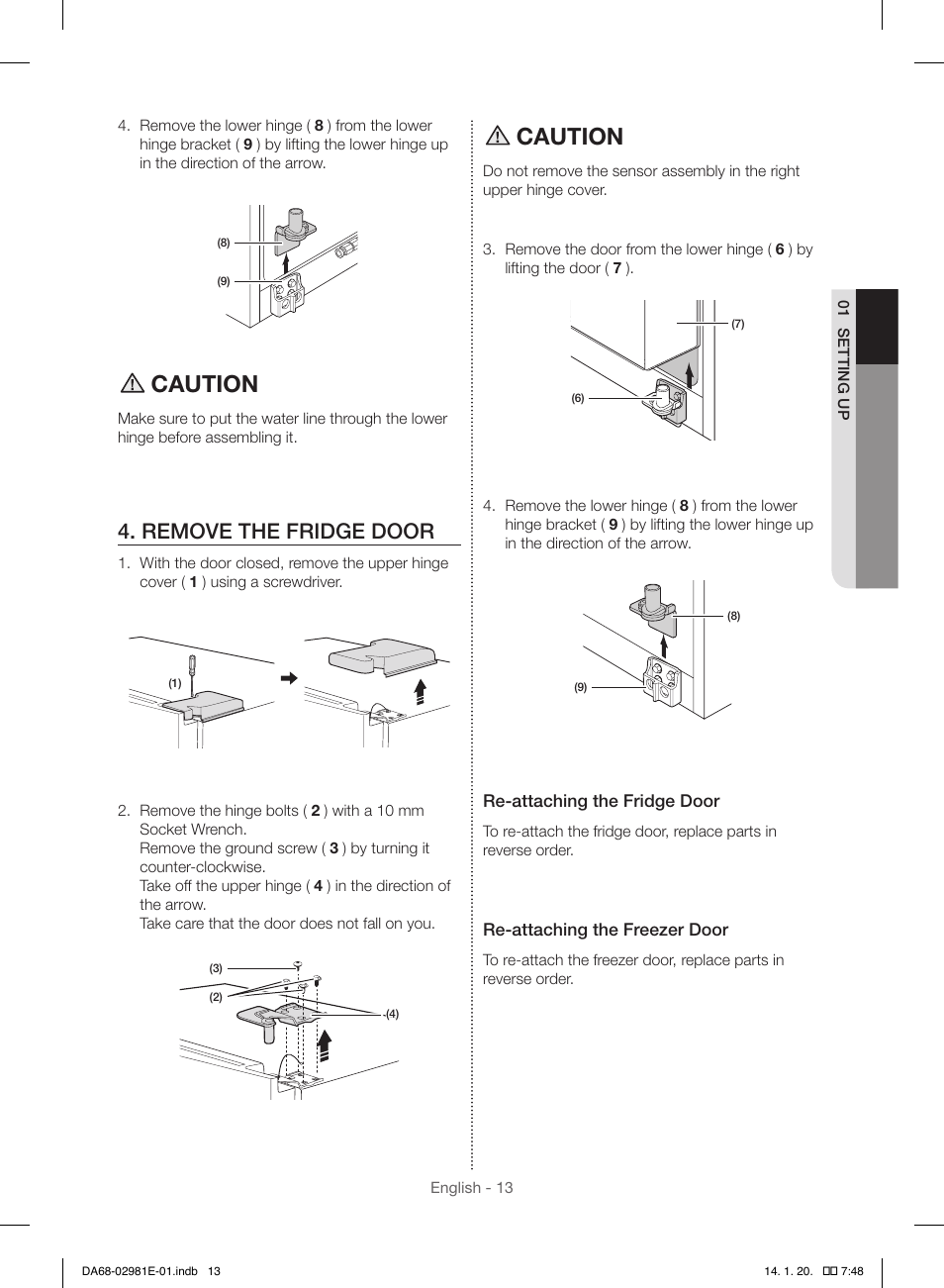 Caution, Remove the fridge door | Samsung RS25H5000WW-AA User Manual | Page 13 / 96