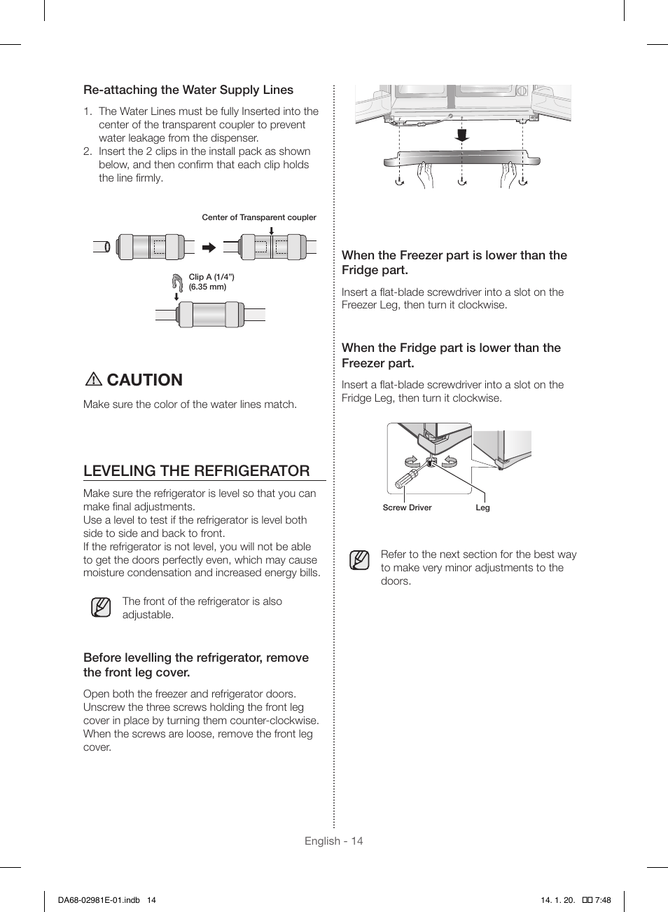 Caution, Leveling the refrigerator | Samsung RS25H5000WW-AA User Manual | Page 14 / 96