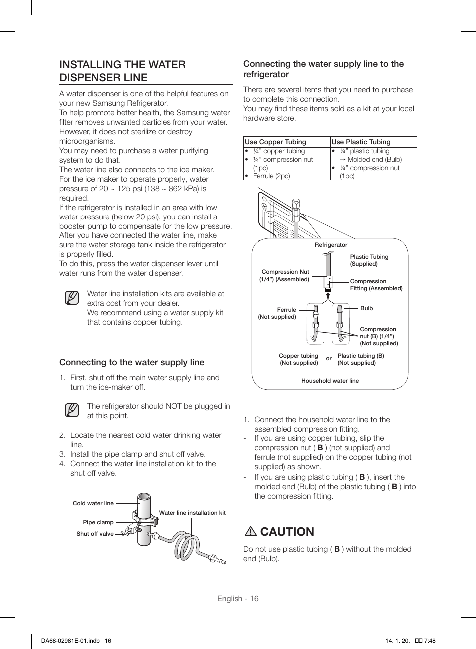 Caution, Installing the water dispenser line | Samsung RS25H5000WW-AA User Manual | Page 16 / 96